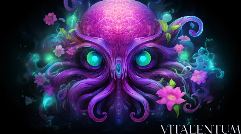 AI ART Dark Psychedelic Octopus Portrait | Mystery Flowers Background
