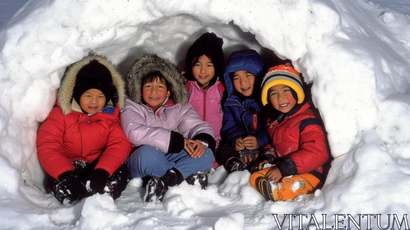 Joyful Children in a Snow Cave AI Image