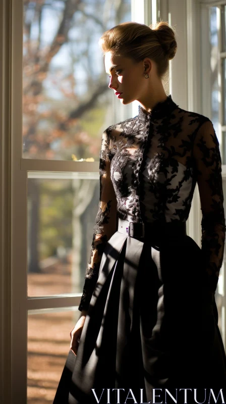 Melancholic Woman Portrait in Black Lace Dress by Window AI Image