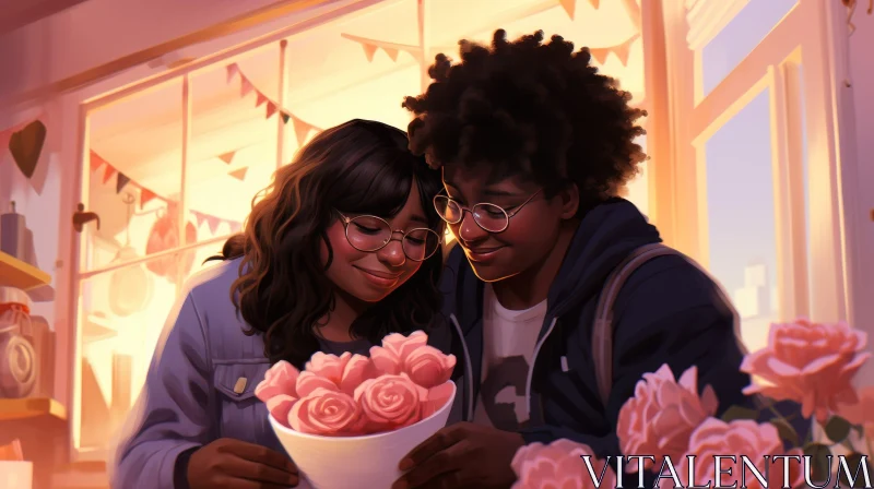 Romantic Couple Painting with Pink Roses AI Image