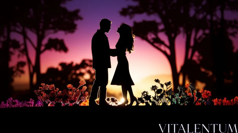Romantic Sunset Silhouette in Flower Field AI Image
