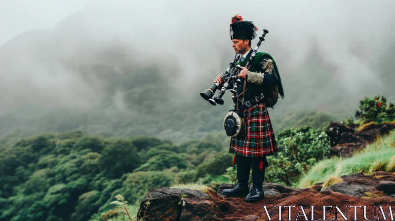 Traditional Scottish Bagpiper on Misty Mountaintop AI Image