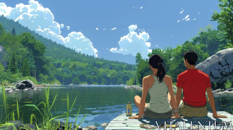Tranquil Lake Scene with Man and Woman AI Image