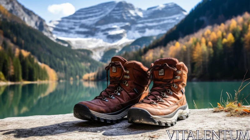 Tranquil Mountain Lake with Hiking Boots AI Image