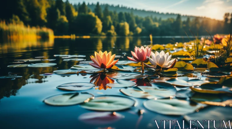 Tranquil Pond Landscape with Water Lilies AI Image