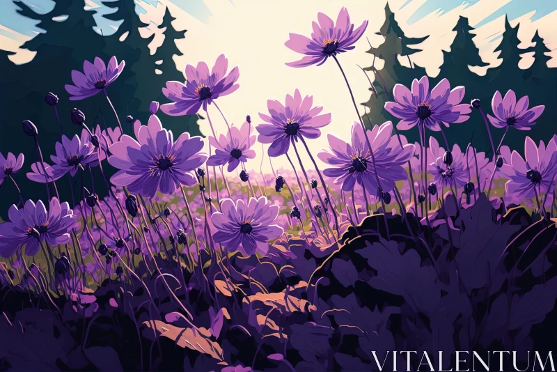 Vibrant Purple Flowers in Forest: A Captivating 2D Game Art Masterpiece AI Image