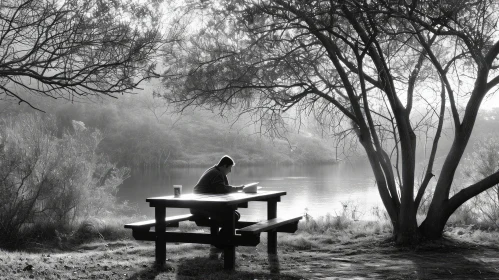 A Serene Encounter with Nature - Man Reading on Park Bench by the Lake