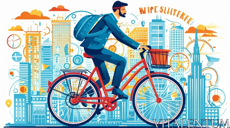 AI ART Colorful Cartoon of a Man Riding a Bicycle in a City