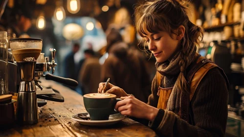 Cozy Coffee Shop Scene with Smiling Woman Making Coffee