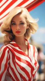 Elegant Blonde Woman in Red and White Striped Dress