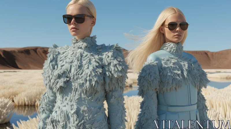 Futuristic Fashion Editorial with Models in Blue and White Outfits