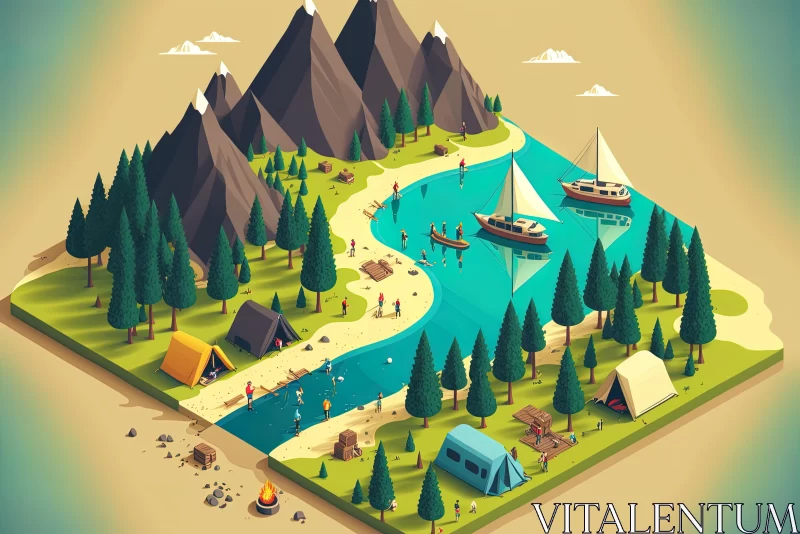 Isometric Camping Trip Illustration with Surreal Landscapes AI Image