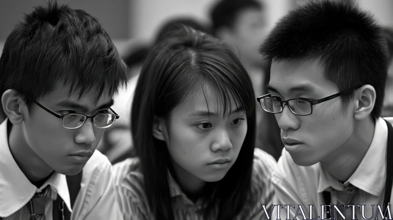 Serious Asian Students in School Uniforms | Black and White Photo AI Image