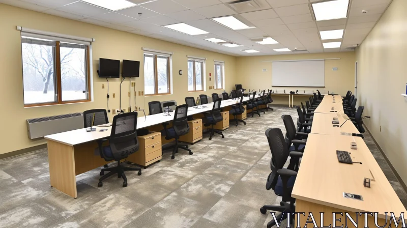 Spacious and Organized: A Captivating Room with Desks and Chairs AI Image