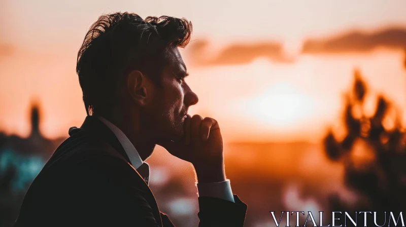 Thoughtful Businessman on Rooftop Watching the Sunset AI Image