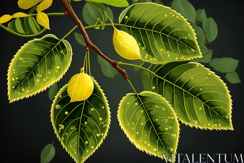 Yellow Tree Branch with Green Leaf and Lemon - Hyper-Detailed Illustration AI Image