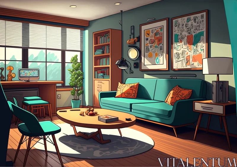 Colored Cartoon Style Living Room Furniture | Retro Feel AI Image