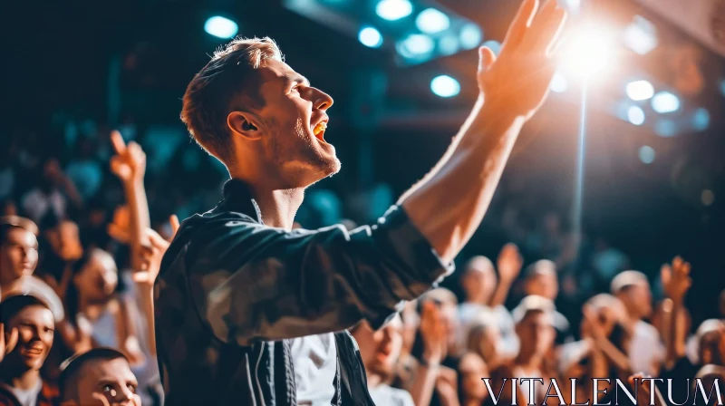 Elevating Energy: A Young Man in a Crowd with Raised Hands AI Image