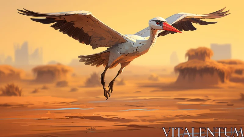 Graceful White Stork Flying Over Desert at Sunset AI Image