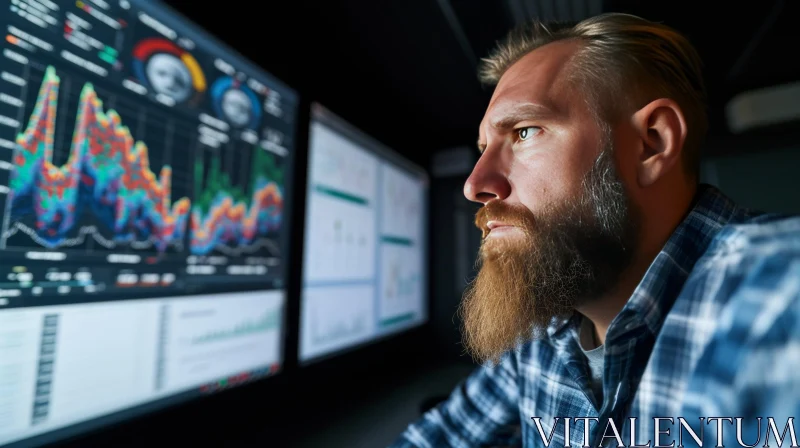 Intense Focus: Bearded Man Working on Computer with Graphs and Charts AI Image