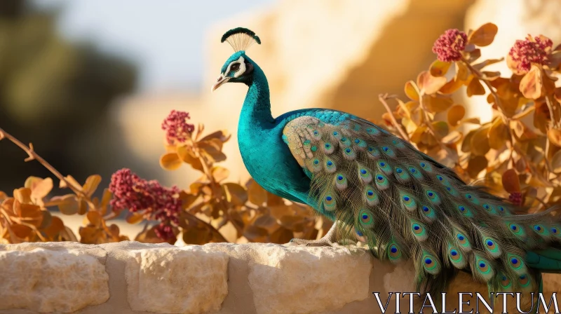 Majestic Peacock on Stone Wall with Vibrant Feathers AI Image