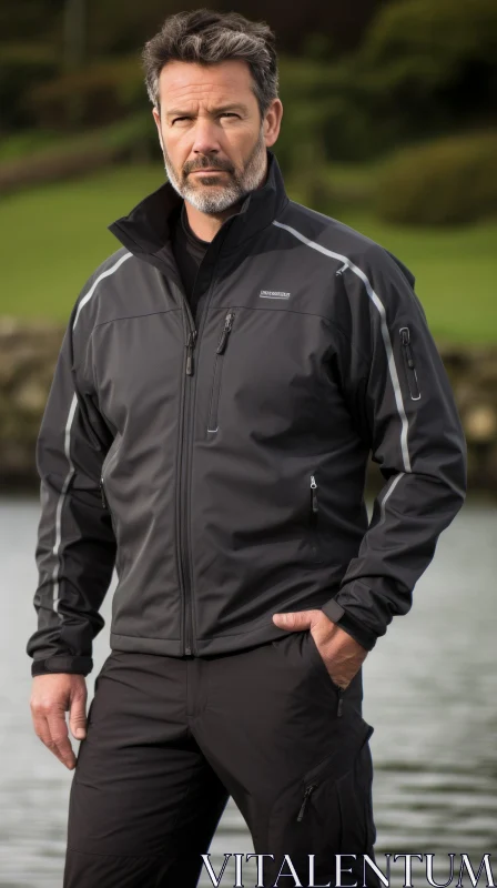 Man in Black Waterproof Jacket by Tranquil Lake AI Image