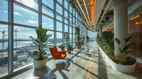 Modern Office Interior with Abundant Plants and City View