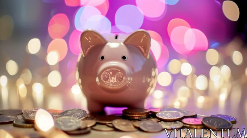Pink Piggy Bank on Coins with Blurred Lights - Ceramic Glossy Finish AI Image
