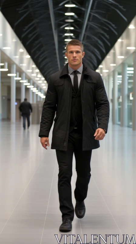 Serious Man in Black Suit Walking Down Brightly Lit Hallway AI Image