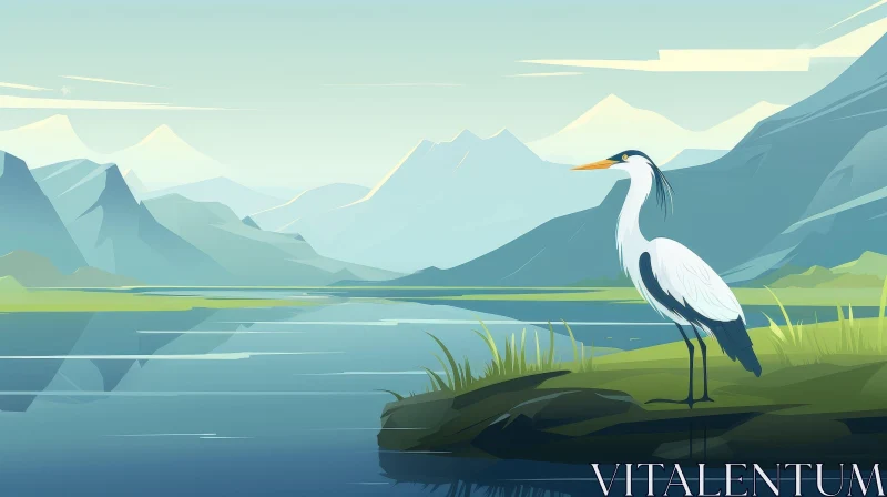 AI ART White Heron Illustration by the Lake