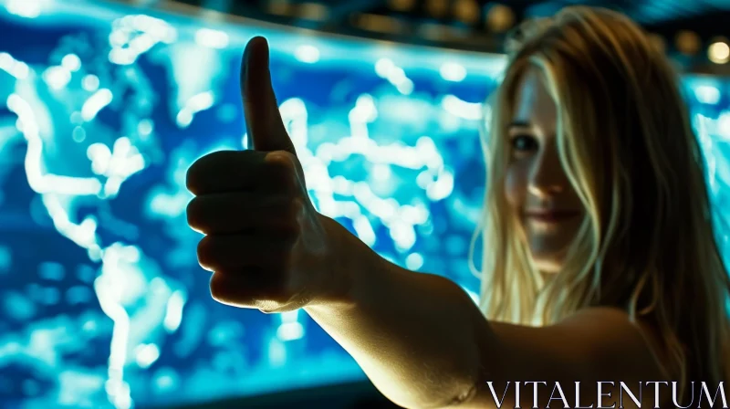Young Woman Smiling with Thumbs Up in Front of Aquarium AI Image