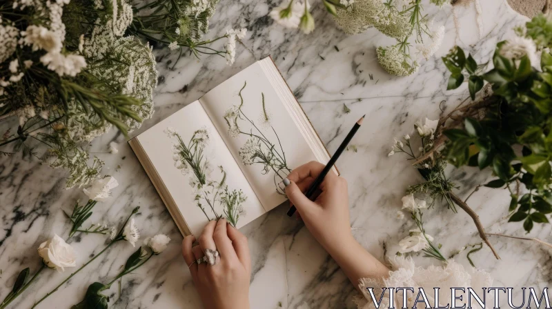 AI ART Artistic Encounter with Nature: A Person Sketching Amidst a Floral Symphony