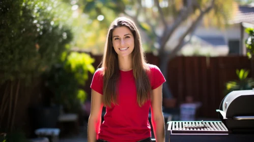 Beautiful Woman in Red T-Shirt Smiling at Barbecue Grill
