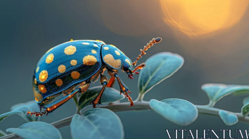 AI ART Blue and Gold Beetle on Green Leaf - 3D Rendering