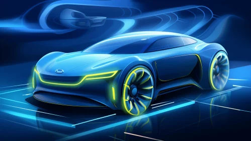 Blue Futuristic Car on Blue Background - Energy-Filled Illustrations