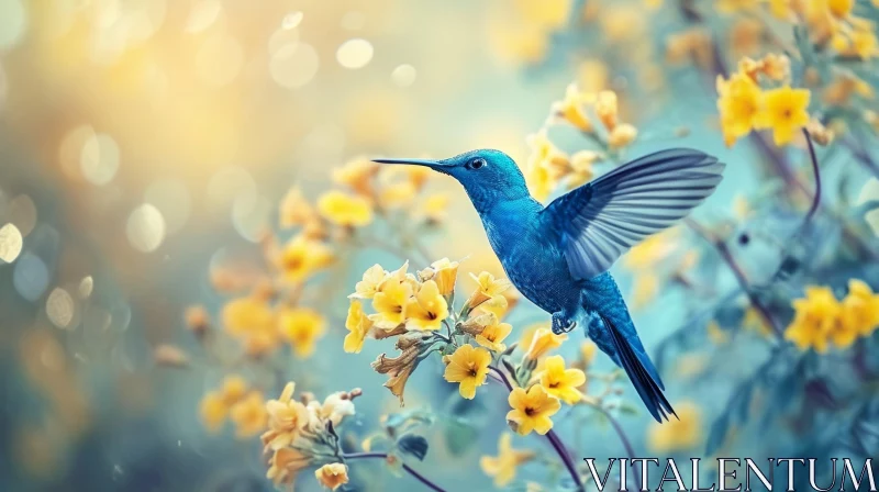 Blue Hummingbird and Yellow Flowers in Nature AI Image