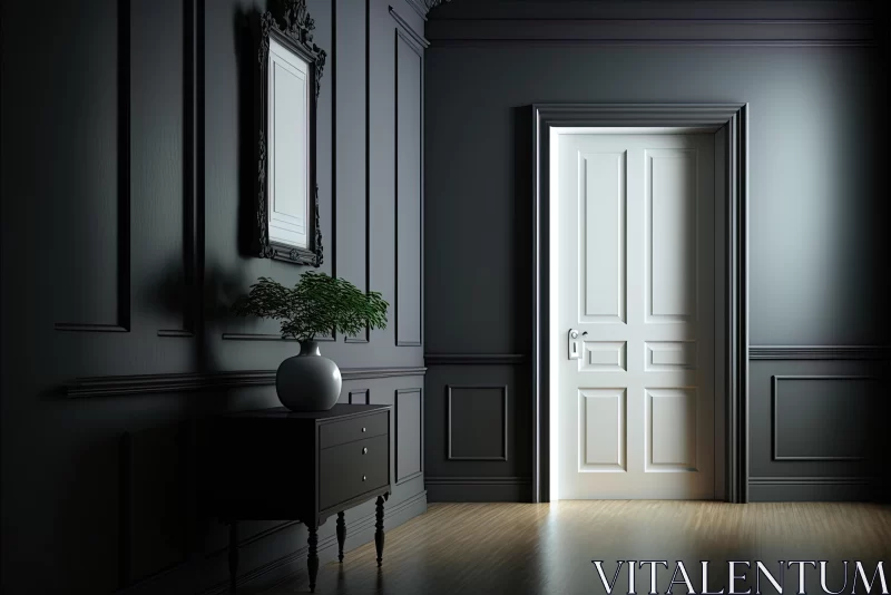 Captivating Classic Still-Life: Empty Hallway with Black Walls and White Door AI Image