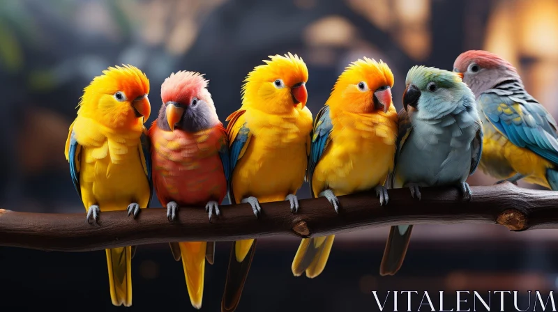 AI ART Colorful Parrots on Branch - Nature Scene