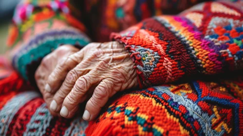 Elderly Woman's Hands with Traditional Romanian Blouse