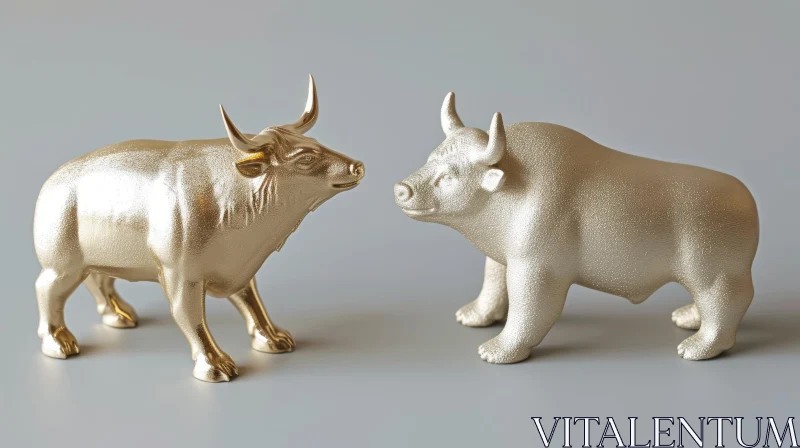 AI ART Golden Bulls Still Life - Majestic Metal Sculptures on Gray Surface