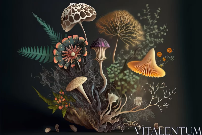 Intricate Illustration of Plants and Mushrooms in a Dark Backdrop AI Image