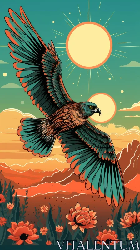 Majestic Hawk Vector Illustration Over Desert Landscape AI Image