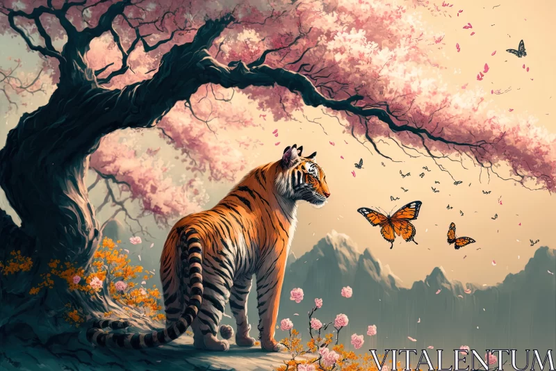 Majestic Tiger on Tree with Butterflies - Anime Art AI Image