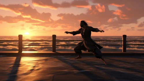 Man Practicing Kung Fu at Sunset - Martial Arts Action Scene