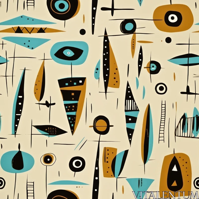 Mid-Century Modern Abstract Seamless Pattern in Black, Blue, Brown on Beige AI Image