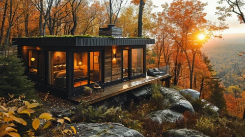 Modern Cabin in Fall Forest | Glass and Wood Design