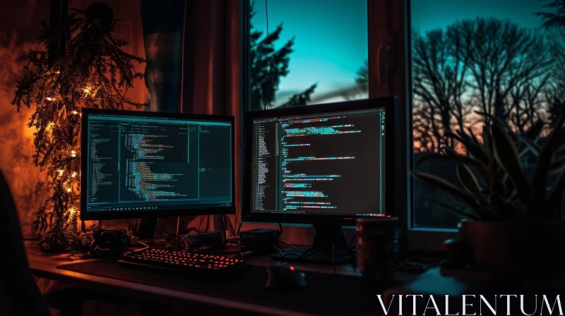 Night View of a Programmer's Desk | Technology Art AI Image
