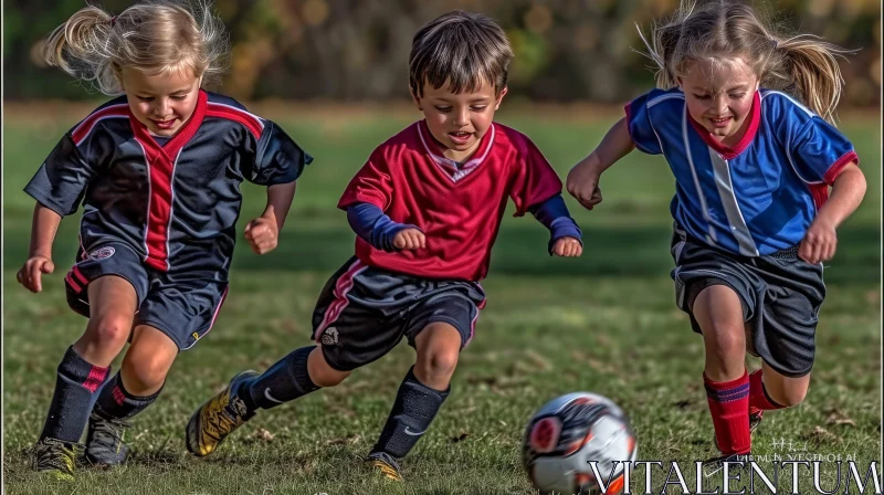 Playful Children Soccer Game on Grass Field AI Image