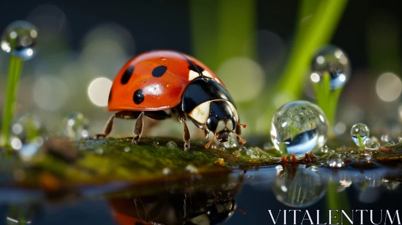 Red Ladybug on Green Leaf with Water Droplet AI Image