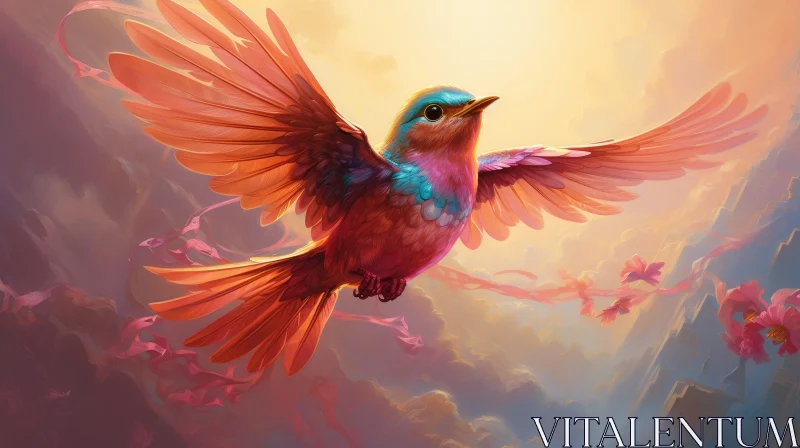 Serene Bird Painting with Colorful Feathers AI Image